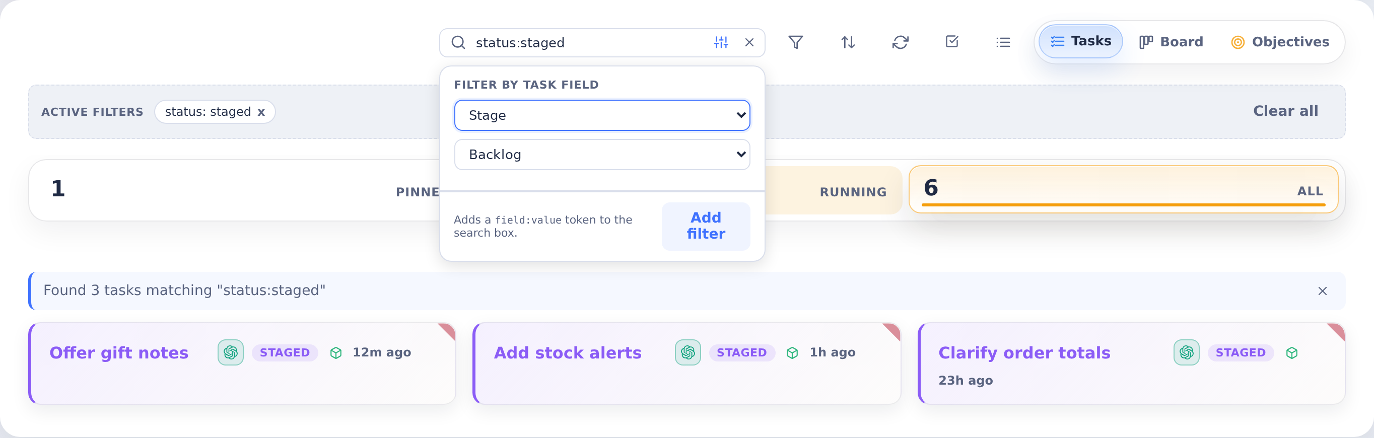 Field-filter helper with an active status: staged chip and Stage set to Backlog, ready to add