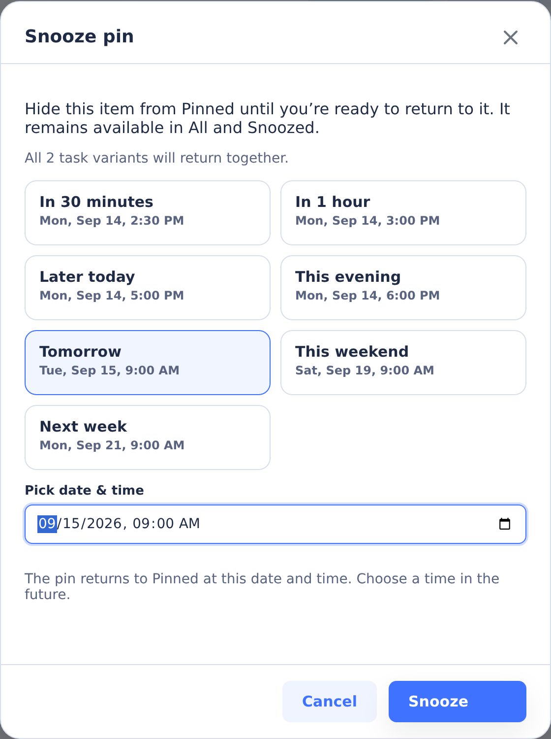 Snooze pin dialog with return-time presets, a custom date and time, and a notice that both variants return together