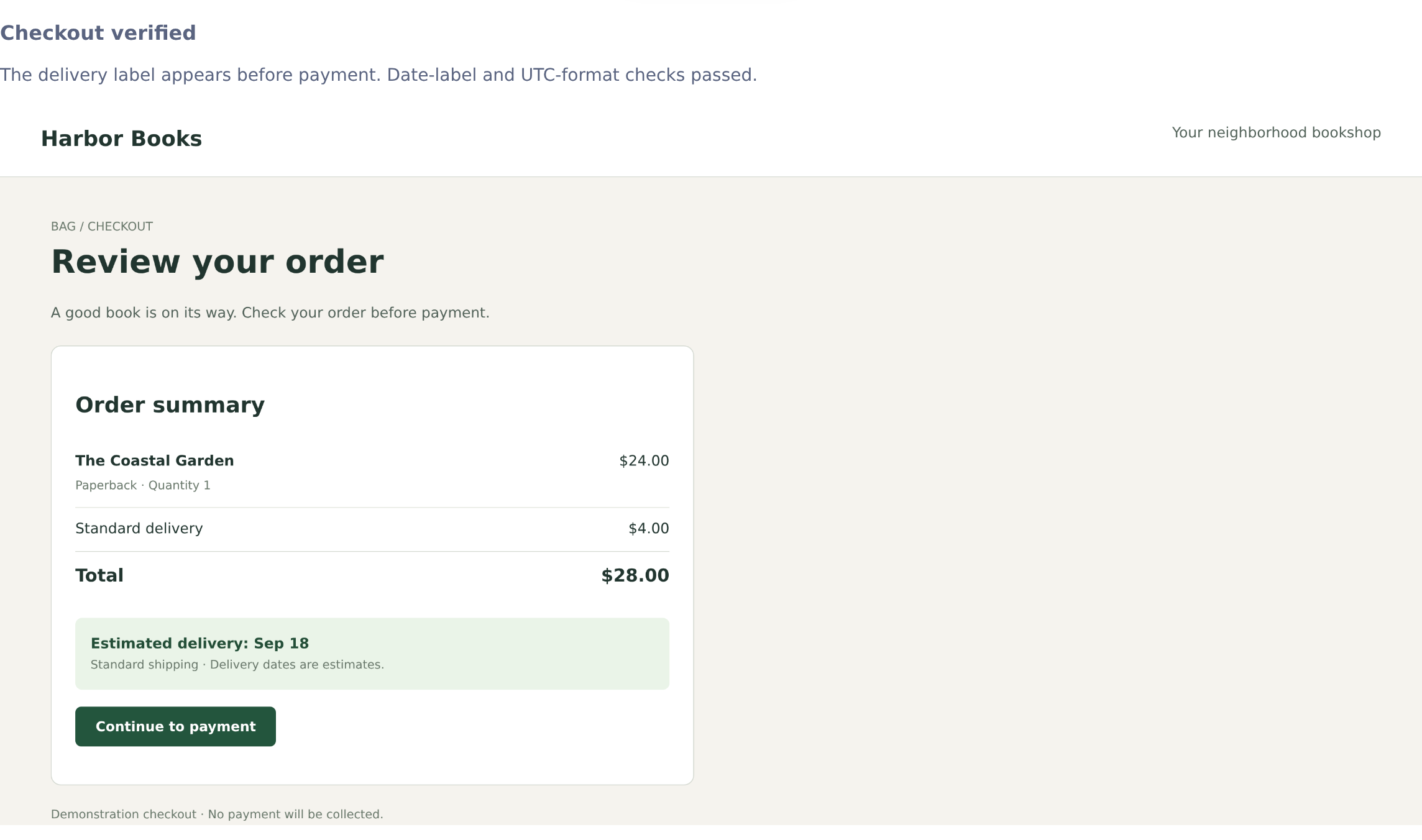 Output Summary with the delivery-date verification notes and a captured Harbor Books checkout screen
