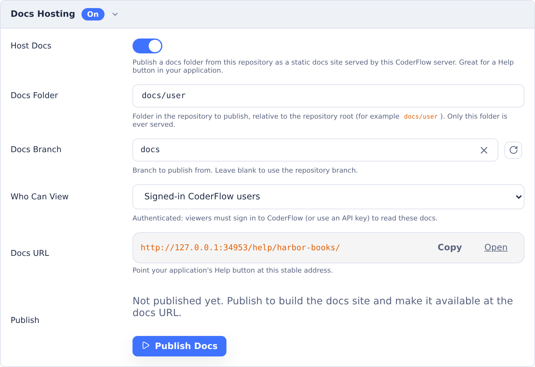 Docs Hosting enabled for docs/user on the docs branch with signed-in access and Publish Docs control