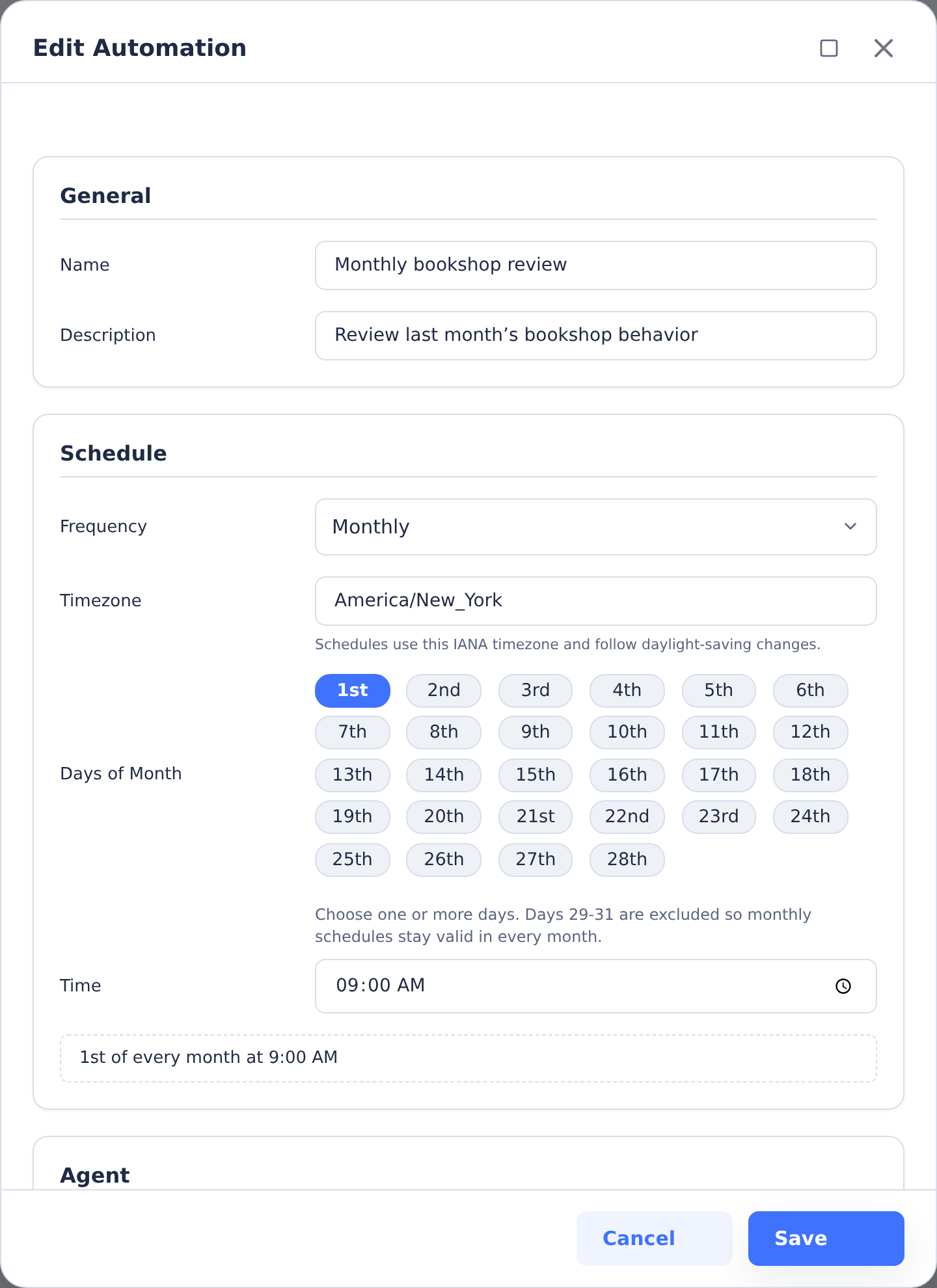 Environment automation editor showing a monthly schedule in America/New_York