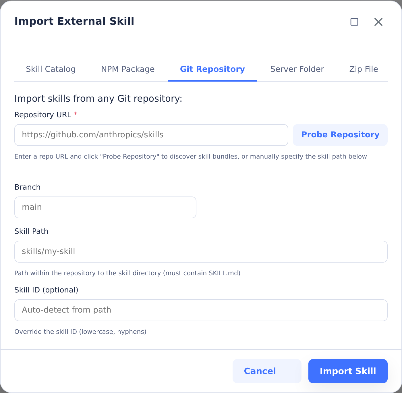 Import External Skill dialog with Catalog, NPM, Git, Server Folder and Zip File methods