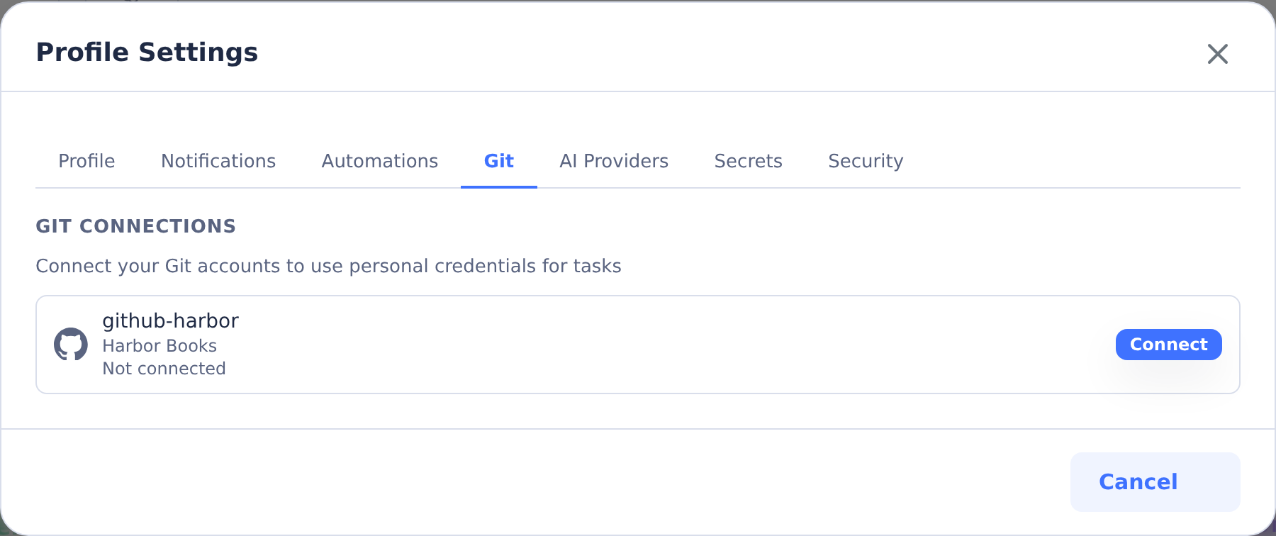 Profile Git Connections showing the Harbor Books GitHub provider and Connect button