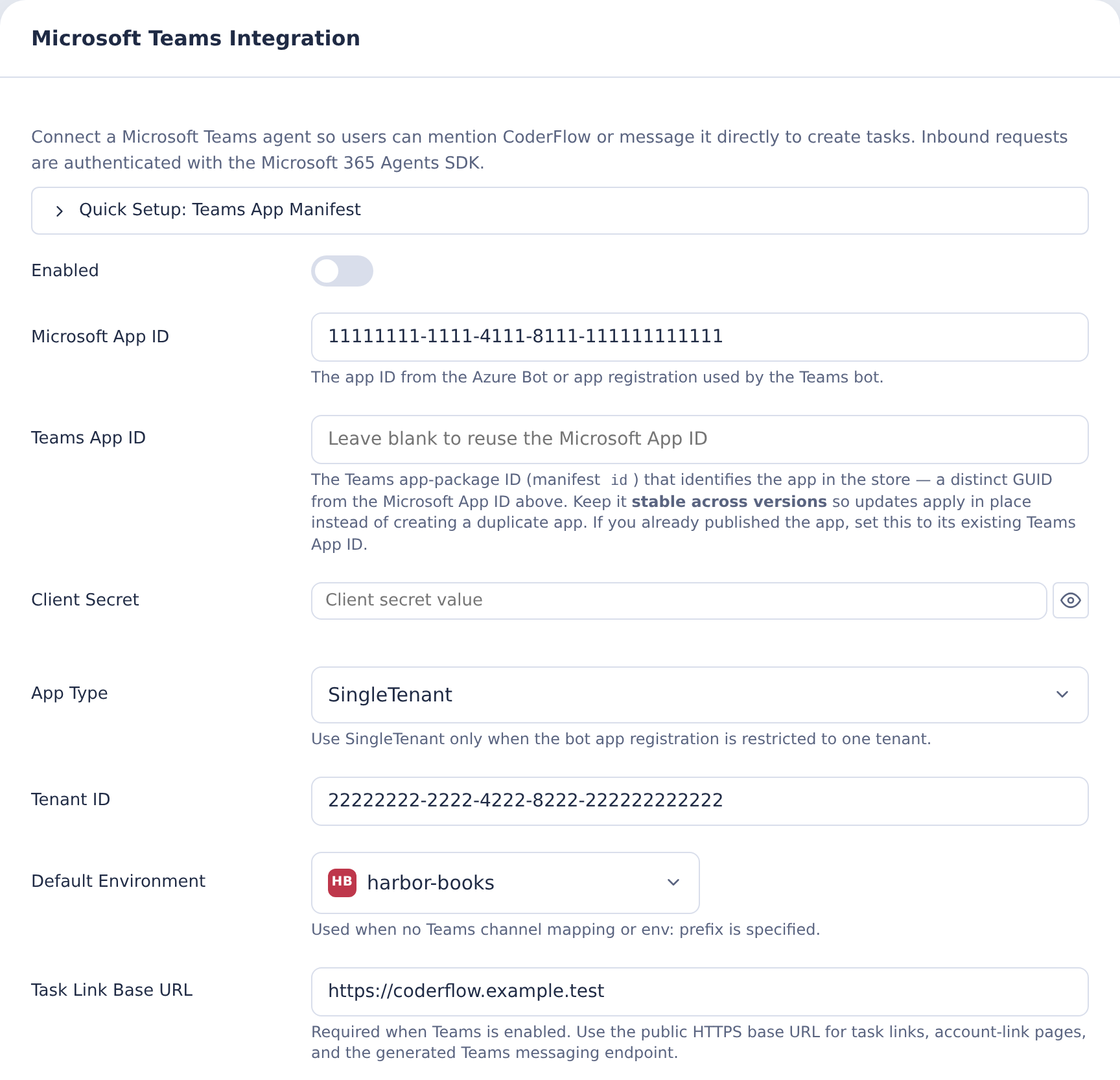 Microsoft Teams settings with demonstration application IDs, SingleTenant type and integration off