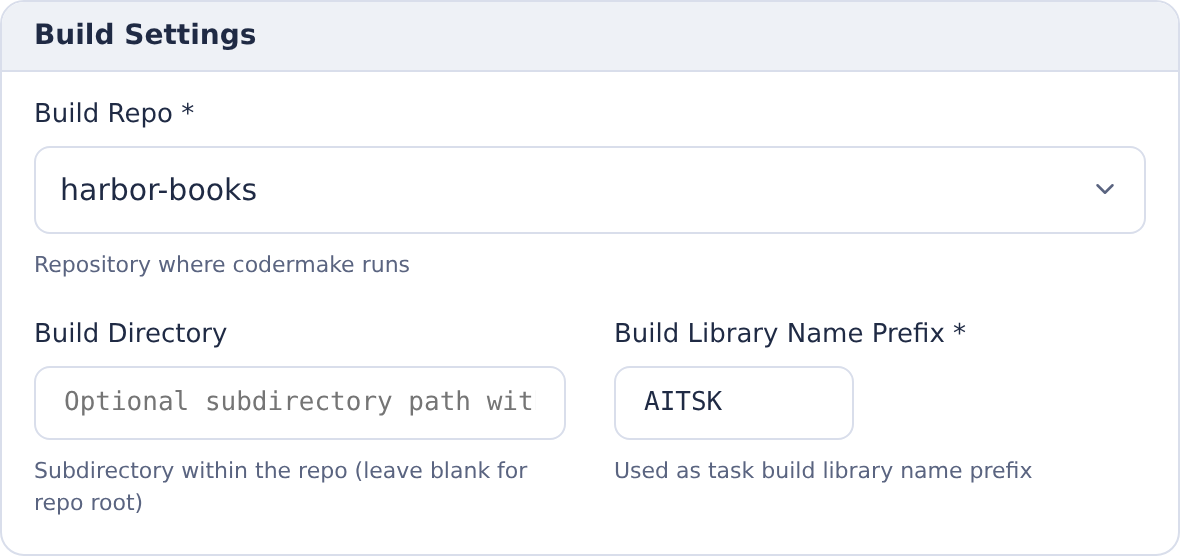 Build Settings selecting harbor-books, an empty Build Directory and the AITSK task-library prefix