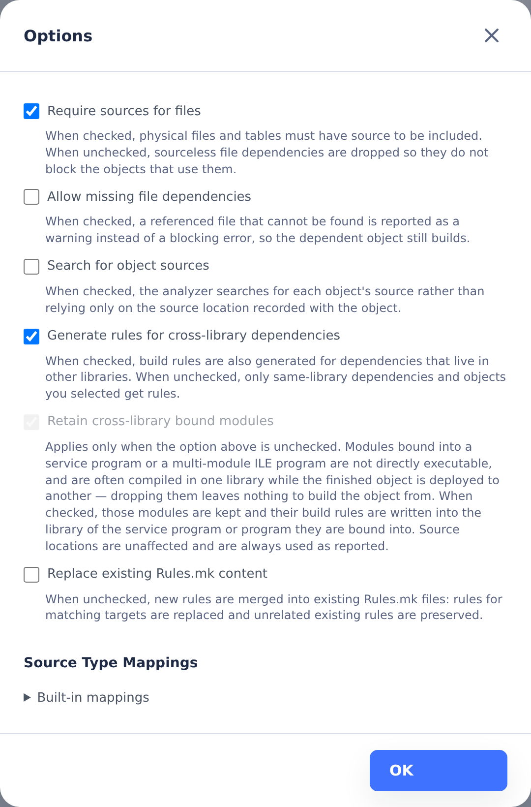 Build rule generation options for file sources, missing dependencies, source search, cross-library rules and merging Rules.mk